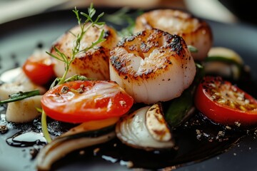 Fresh scallops with green vegetables in a white plate