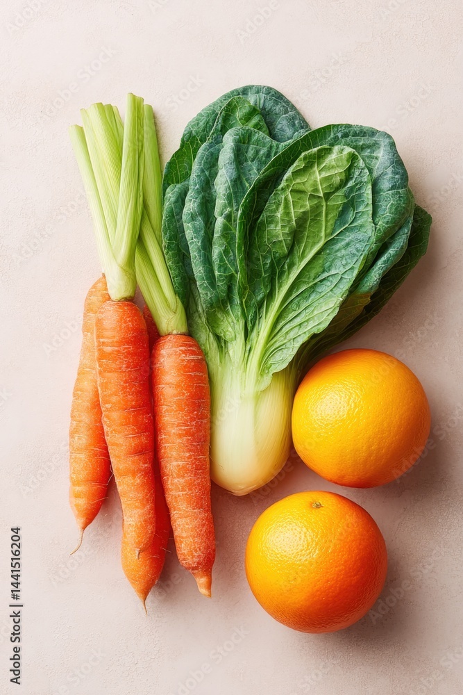 Poster minimalistic arrangement of fresh non-gmo produce on clean neutral background with ample copy space