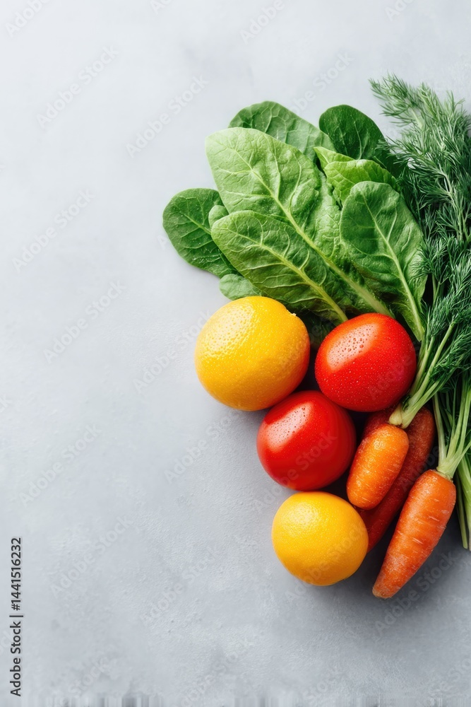 Poster minimalistic arrangement of fresh non-gmo produce on clean neutral background with ample copy space