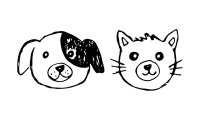 Dog and cat head cute face, hand-drawn animal pet vector cartoon.