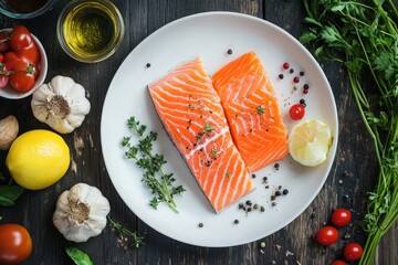 Fresh salmon fillet with lemon slices and vegetables mix isolated on white background