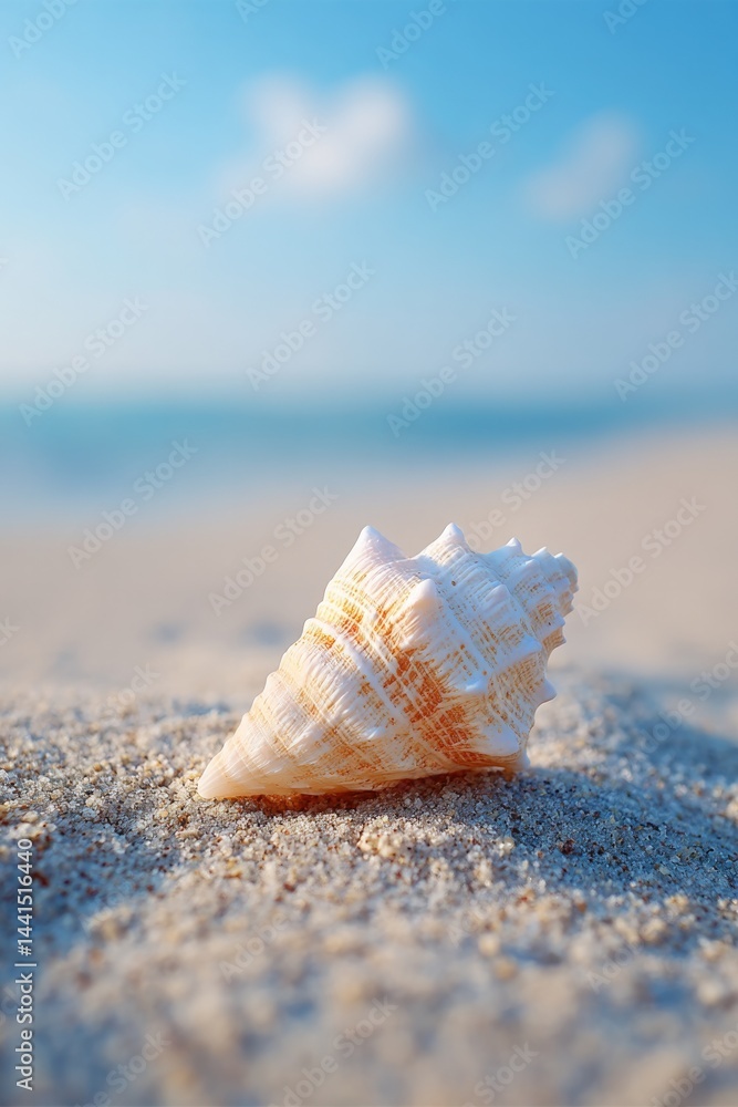 Poster minimalistic beach scene with single seashell resting on pristine sand illuminated by soft daylight 