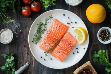 Fresh salmon fillet with lemon slices and vegetables mix isolated on white background