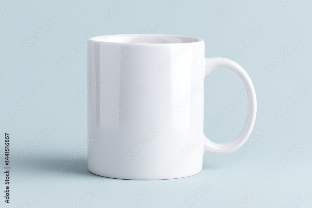 Poster minimalistic empty mockup features ceramic mug on plain monochromatic background with ample copy spa