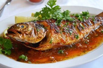 Steamed snapper with soy sauce in white dish on wood table.