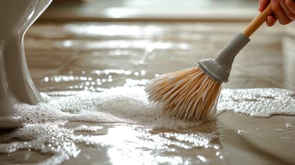Cleaning Bathroom Floor with a Brush