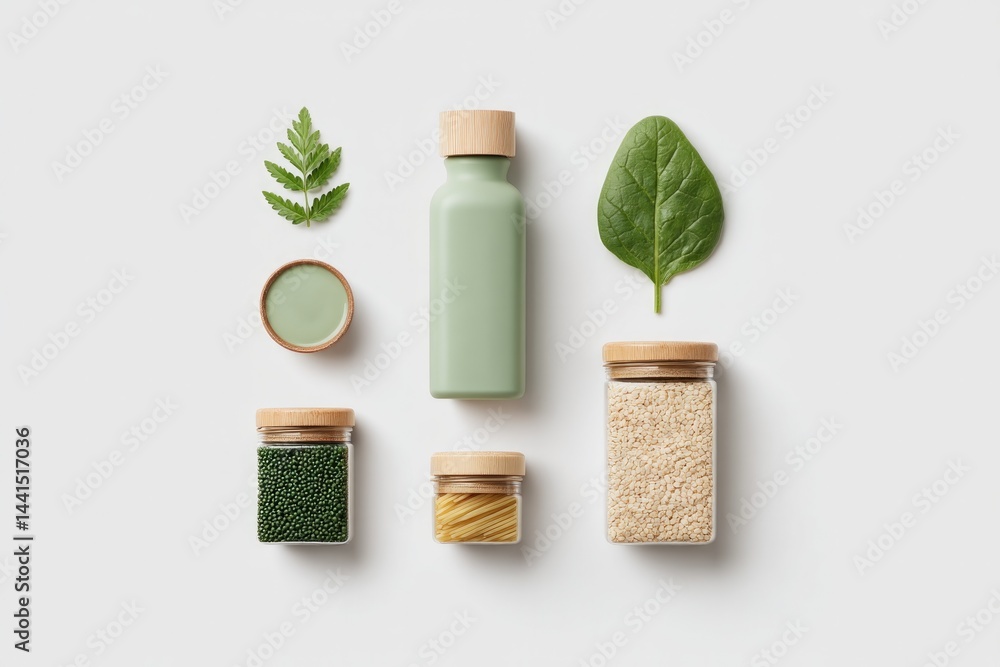 Poster minimalistic flat lay of assorted non-gmo products neatly arranged on white background