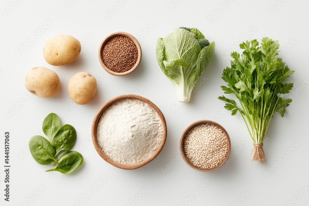 Poster minimalistic flat lay of assorted non-gmo products neatly arranged on white background