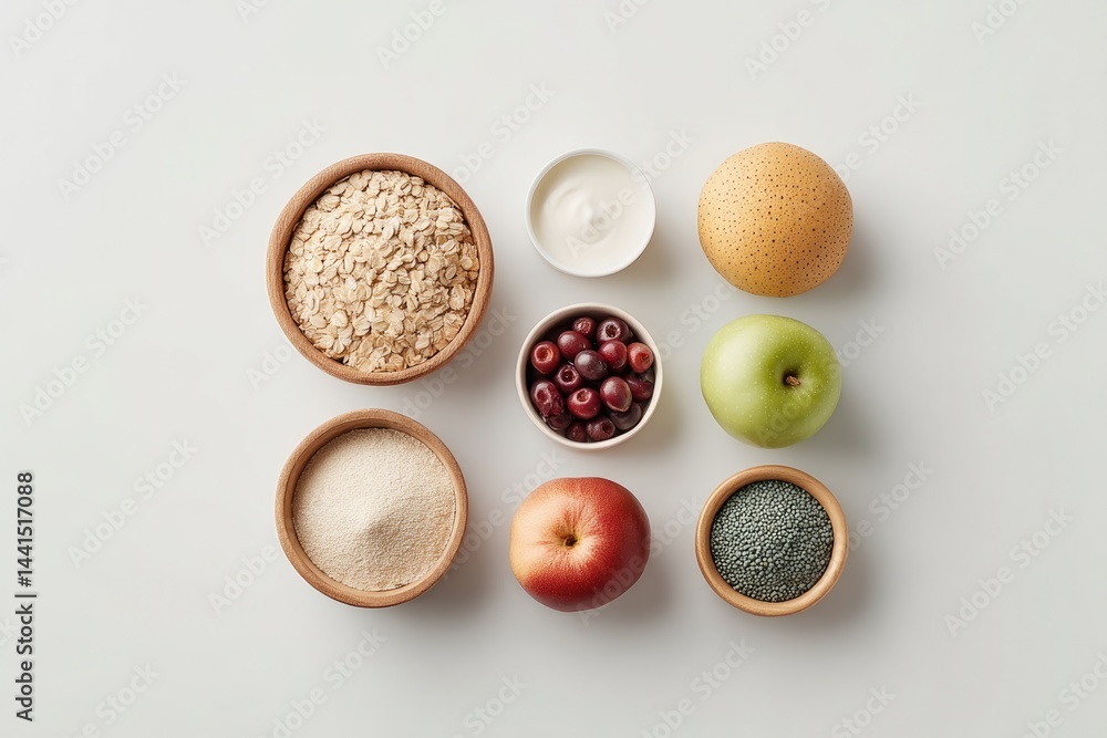 Poster minimalistic flat lay of assorted non-gmo products neatly arranged on white background