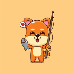 Cute shiba inu cartoon vector illustration catching fish with fishing rod