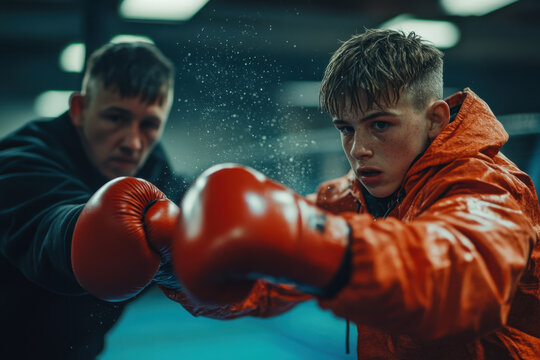 Young boy in boxing gloves throwing punch at punching bag, focused and determined.