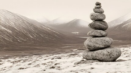 Serene Winter Landscape Stacked Rocks in Snowy Mountain Valley
