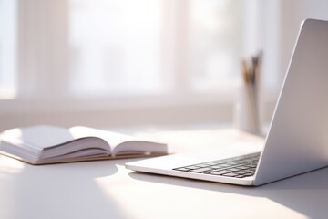 minimalistic image of laptop on tidy desk open notebook beside it showing neatly organized pens implying focus and
