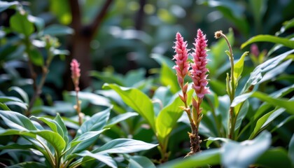 Vibrant Pink Ginger Flowers Blooming in Lush Green Foliage A Stunning Close Up of Tropical Plants
