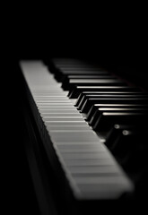 Naklejka premium Piano keys illuminated against a dark background showcasing the elegance of music in an indoor setting Generative AI
