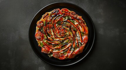 Culinary Spiral: A vibrant, colorful ratatouille artfully arranged on a dark plate, a feast for the eyes and the palate, prepared from scratch with a blend of fresh vegetables.