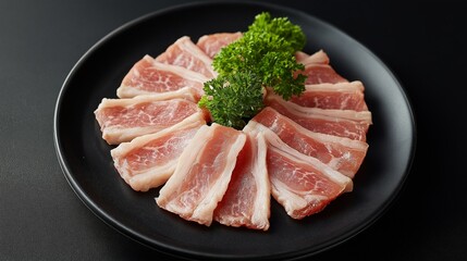 Raw pork belly slices on black plate: Freshly sliced raw pork belly arranged on a black plate, garnished with fresh herbs, presented in a high-angle shot.