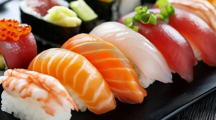 Sushi Feast: A vibrant array of sushi delicacies, featuring meticulously crafted nigiri and maki rolls, showcasing the artistry and freshness of Japanese culinary traditions.