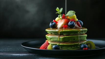 Vibrant pancake delight: A mouthwatering stack of fluffy pancakes is drizzled with syrup and adorned with fresh fruit