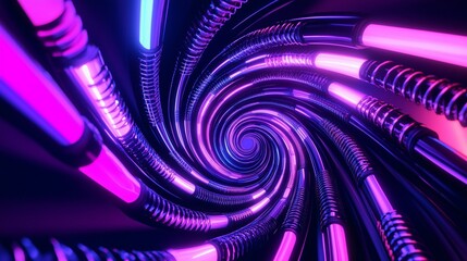 Vibrant Vortex of Cables: A mesmerizing perspective of a swirling tunnel crafted from sleek metallic cables, illuminated with a vibrant gradient of electric blue and radiant magenta lights.
