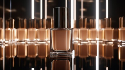 Foundation Bottle Product Shot: A single bottle of foundation stands prominently in the foreground, surrounded by a multitude of similar bottles, creating a visually striking product shot.