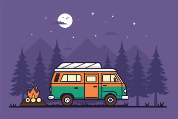 A vibrant vector illustration of a retro campervan parked beside a crackling campfire at a serene forest campsite, under a starry night sky.