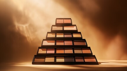 Pyramid of Eyeshadow Palettes: A pyramid of eyeshadow palettes in various warm, earthy tones, artfully arranged against a warm, golden backdrop, exuding luxury and sophistication.