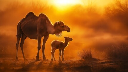 Desert Camel and Calf in the golden Hour: The iconic camel stands majestically alongside its young offspring, enveloped in the warm glow of a sunset, in the arid beauty of the desert.