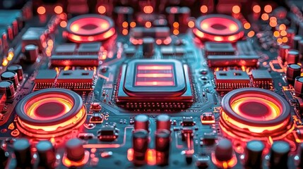 Close-up of illuminated circuit board with CPU