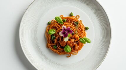 Tomato Pasta with Basil and Flower: A delicious plate of tomato pasta with basil and a vibrant flower garnish. The dish is a vibrant and appetizing combination of flavors and textures.