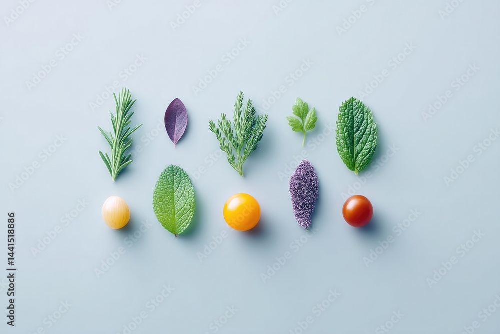Poster minimalistic presentation of various garnishes arranged on simple clean background