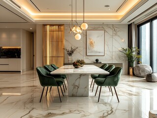 Modern dining area with luxurious marble flooring and furnishings.