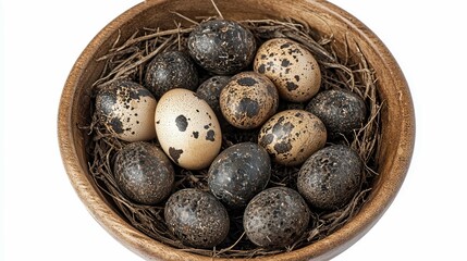 Close-up of Quail Eggs in a Wooden Bowl
