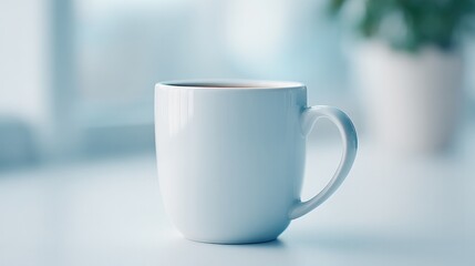 minimalistic scene featuring blank cup or mug in focus blurred people in background