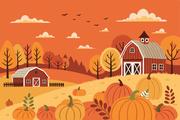 Create a vibrant vector illustration of a fall harvest farm scene, featuring a bountiful pumpkin patch, rustic farm buildings, and autumnal foliage.