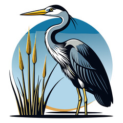 Great blue heron standing amidst tall grasses by the water in a detailed illustration