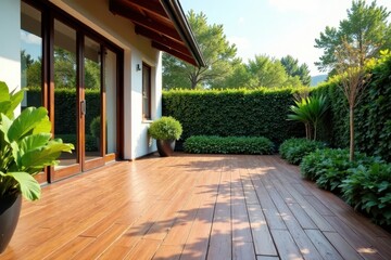 Fototapeta premium Renovated terrace, brown plastic composite floor, renovated, construction, building