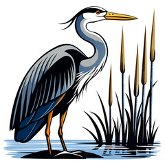 Great blue heron standing amidst tall grasses by the water in a detailed illustration