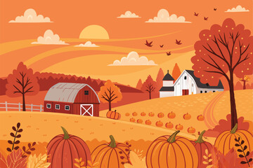 Create a vibrant vector illustration of a fall harvest farm scene featuring a bountiful pumpkin patch, rustic farmhouses, and autumnal foliage.