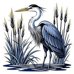 Great blue heron standing amidst tall grasses by the water in a detailed illustration