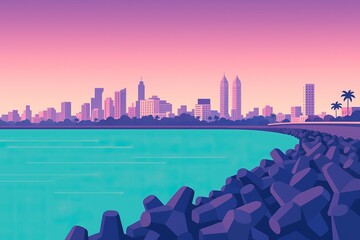 Vector illustration of Mumbai’s Marine Drive skyline at sunset, with tetrapods in the foreground and skyscrapers in the background, in a stylized color palette.