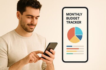 Young man using smartphone with monthly budget tracker app interface. Financial planning, expense tracking, and smart money management concept.