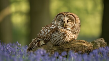 Sleepy owl resting on a log amongst flowers