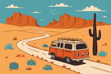 Create a vibrant vector illustration of a retro van on a scenic road trip, showcasing mountainous landscapes and a clear blue sky.