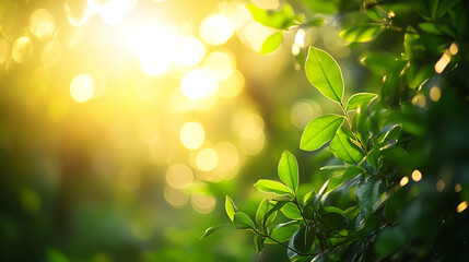 A vibrant green grass by the soft blurred bokeh of lush foliage, Enchanting garden scene with lush green leaves in summer sunlight, A peaceful and serene nature background.