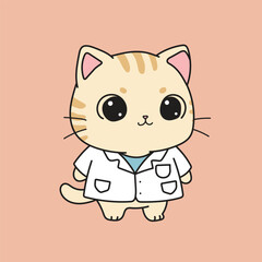 Cute cream-colored cat in a lab coat. Cartoon character illustration of a cat doctor or scientist.