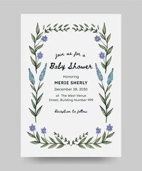 Baby shower invitation with floral frame illustration. Perfect for card, poster, flyer