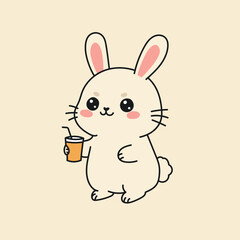 Cute cartoon bunny holding a drink with a straw. Kawaii style character, standing and smiling, isolated on pastel background.