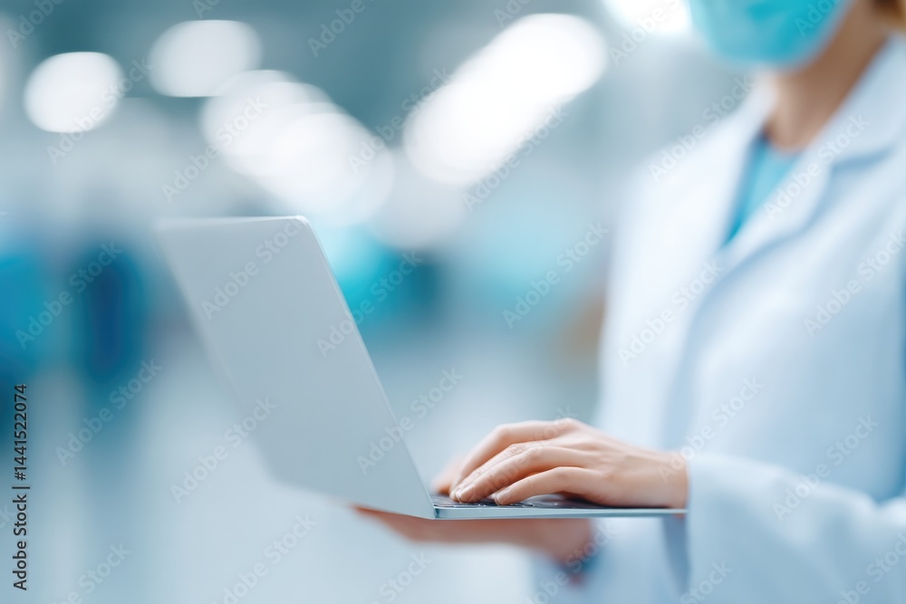 Poster scientist in lab coat examines data on laptop while blurred figures in masks move in background