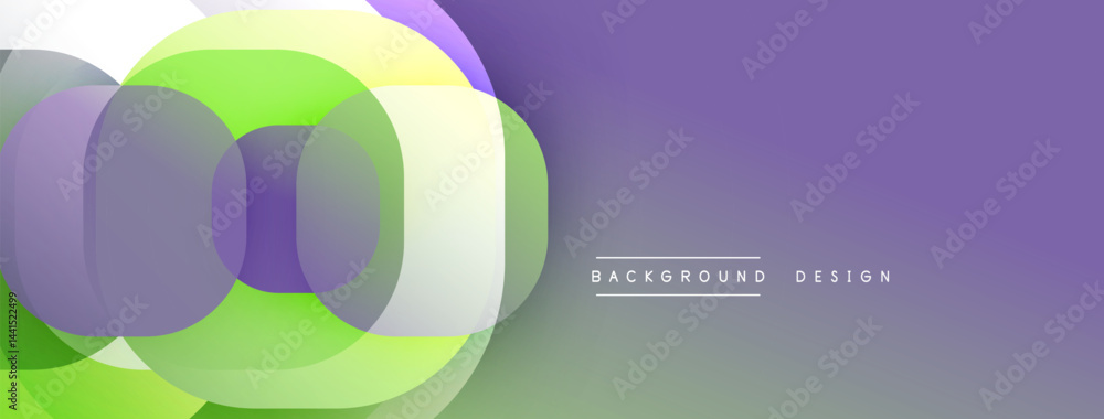 Poster abstract geometric shapes overlap, creating vibrant color gradients. purple background provides cont